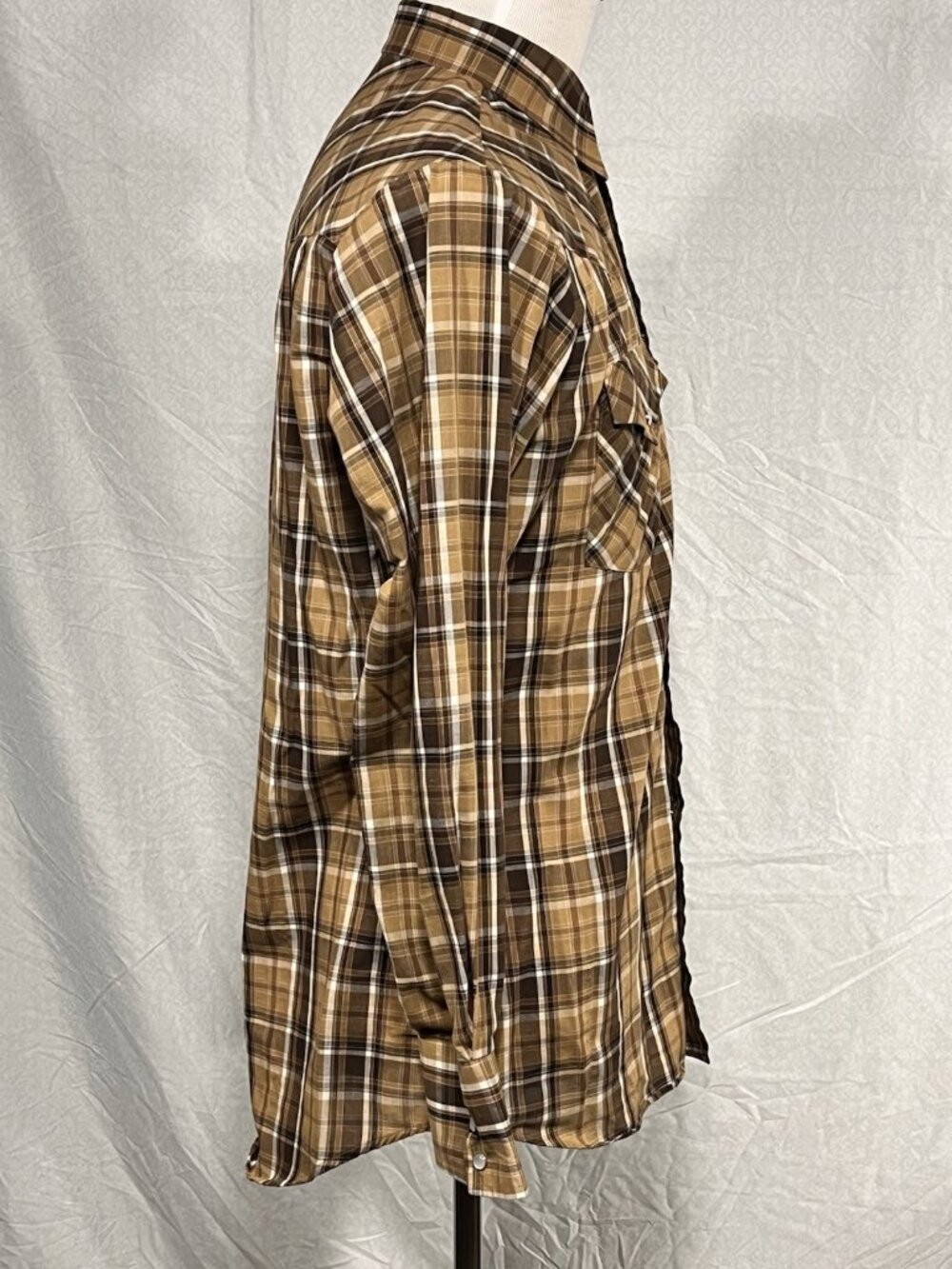 Ely Cattleman Pearl Snap Shirt Mens Medium Tan Brown Plaid Western Long Sleeve - Picture 3 of 9
